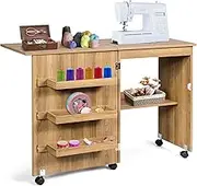 Costway White Folding Sewing Craft Cart Table Shelves Storage Cabinet Home Furniture W/Wheels (Natural)