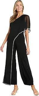 [R&M Richards] Asymmetric Neck Chiffon Jumpsuit W/Sheer Capelet & Rhinestone Trim