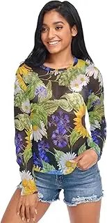 [RPLIFE] Bright Sunflowers Mesh Long Sleeve Tops for Women, Printed Mesh Top S-XXL