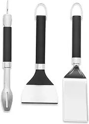 [weber] Plancha/Grill Plate Accessory Set, 3 Pieces, Consisting of Tongs, Spatula and Scraper, Made of Stainless Steel, Dishwasher Safe - Black/Silver (3400074)