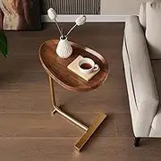 Viltisumt C Table Small Round Side Coffee Table Sofa Bedside Living Room, Modern Couch TV Tray Table, Gold Frame, Oval Wood Top Console Table, Slim End Table 24 Inch Small Space (Walnut Color)