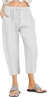 [Generic] 3/4 Cotton Linen Pants for Women Summer Loose Fit Plus Size Wide Pants Summer Knee Length Shorts Pants Beach Shorts