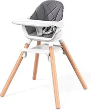 DDIOYIUR Baby High Chair, Wooden Feeding Chair with Removable Double Tray & Reversible Footrest, 5-Point Harness Multi-Use Toddlers HighChair, Grey