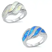 Blue & White Australian Opal Dome shaped 925 Sterling Silver Engagement Ring