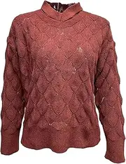 [Generic] Women's Soft Pink High Neck Knit Sweater with Delicate Diamond Openwork Pattern and Relaxed Loose Fit for Everyday