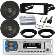 Pyle 1-DIN Marine MP3 Receiver W/Kit, 2x 6.75" Speakers W/Adapters, Amplifier