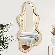 Natural Asymmetrical Wavy Mirror - 76x36cm Modern Wooden Framed Wall Mirror for Living Room, Bedroom, Bathroom & Entryway