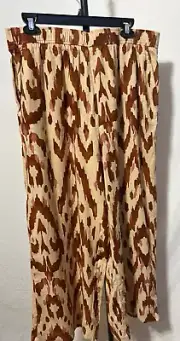NWT Nicole Miller Beige Brown Pants Large Linen Blend Elastic Waist Wide Leg New