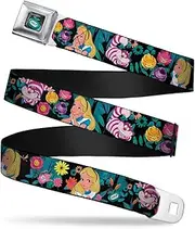 [Buckle-Down] Seatbelt Belt - Alice/Cheshire Cat/Flowers Poses Black/Multi Color - 1.0" Wide - 20-36 Inches in Length
