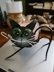Metal Black cat candle holder, green glass eyes white metal whiskers W Candl~384