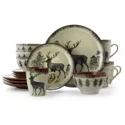 Elama Majestic Elk 16 Piece Luxurious Stoneware Dinnerware with Complete Setting
