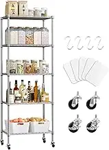 Oscrobie 5 Tier Shelving Unit Adjustable Storage Shelf Metal Storage Rack Wire Storage Shelves with Heavy-Duty Rubber Metal Wheels for Laundry Bathroom Kitchen Pantry Closet (Silvery, 5 Tier)
