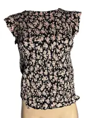 BNWT Ladies Sz 18 Anko Cap Sleeve Gathered Frill Soft Stretch Black Rose Top