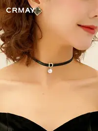 在飛比找樂天市場購物網優惠-韓國choker項鏈女D字母黑色頸鏈皮繩鎖骨鏈 網紅脖子飾品