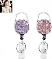 XUTONG 2PCS Retractable Badge Reel Carabiner Badge Holder with Bling Rhinestones Crystal,Badge Holders for ID Card Keychain (2pcs Pink and Purple)
