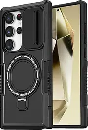 [THMEIRA] for Samsung Galaxy S24 Ultra Magnetic Case [Compatible with MagSafe] with Camera Cover & Magnetic Ring Kickstand, Military Grade Heavy Duty Case for Samsung S24 Ultra 6.8'', Black