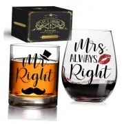 & Mrs Always Right Wine & Whiskey Glass Gift Set, Novelty Wedding Mr Right