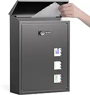 Post Boxes Wall Mounted Waterproof, Modern Delivery Letter Box for Outside Wall with Combination Lock, Viewing Windows, Rain Cover, Steel Mail Box, Lockable Large Letterbox, 40x25x10cm Black