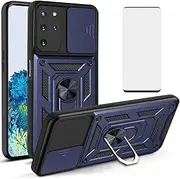 [Asuwish] Phone Case for Samsung Galaxy S20 Plus Glaxay S20+ 5G with Slide Camera Cover and Tempered Glass Screen Protector Hard Stand Ring Holder Cell Gaxaly S20+5G S20plus 20S + S 20 20+ G5 Blue