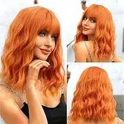 Short Wavy Wig with Bangs for Women Shoulder Length Bob Curly Synthetic Wigs with Natural Wavy Black Mixed Wine Red Heat Resistant Wig for Daily Party Use