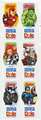 6 Unused DOLE Banana Stickers - Marvels Avengers "POWERING THE HERO WITHIN"