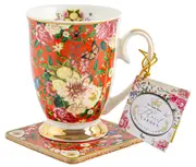 Floral Garden Red Flowers Decorative Ceramic Tea/Coffee Mug & Coaster Set 350ml