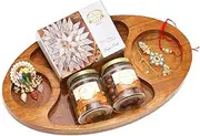 Ghasitaram Gifts Rakhi Gifts for Brothers Chip n Dip Platter with Kaju Katlis, Dryfruits, Roli Chawal Thali and Bhaiya Bhabhi Rakhis