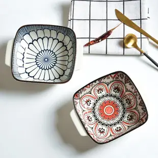 6寸日式釉下彩陶瓷方形碗雙耳碗早餐麥片碗湯碗沙拉碗甜品碗烤碗