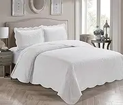 Better Home Style 3 Piece Luxury Ultrasonic Embossed Solid Color Quilt Coverlet Bedspread Oversized Bed Cover Set # Veronica (King/Cal-King, White)