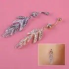 Crystal Rhinestone Leaf Navel Belly Button Rings Steel Body Piercing Dangle ti
