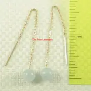 14k Solid Gold Threader Chain 7mm Gemstone Aquamarine Bead Dangle Earrings - TPJ