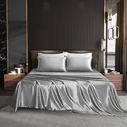 Ultra Soft Sheet Set,100% Soft Luxury Silky Satin, Fitted Sheet & Flat Sheet & 2 Pillowcases (Grey, Queen)