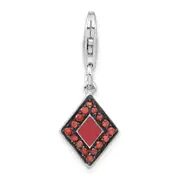 Sterling Silver Rhodium-Plated Red Cz & Enamel Diamond Shaped W/Lobster Clasp Charm