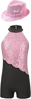 [inhzoy] Kids Girls Latin Jazz Dance Costume Sequins Gymnastics Leotard Short Bodysuit with Hat Set Dancewear