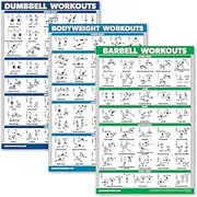 QuickFit 3 Pack - Dumbbell Workouts + Bodyweight Exercises + Barbell Routine Poster Set - Set of 3 Workout Charts (Laminated, 18" x 27")