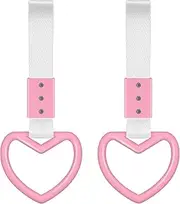 Heart-Shaped Stroller Hooks, 2 Pieces Rings Heart Shaped Car Handle Straps Drift Charm Rear Bumper Warning Ring Decor Subway Bus Broken Heart Handle for Car Interior (Pink with Silver Rope)