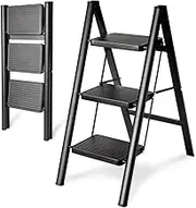 3 Step Ladder Folding Step Stool, Small Step Stool for Adults，Folding Step Stool with Anti-Slip Steps, Portable Folding Ladder for Home Kitchen and Office (Black)