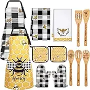 Bencailor 13 Pcs Bee Sunflower Farmhouse Kitchen Set Include 5 Cute Wooden Spoons 2 Kitchen Towels 2 Apron 2 Oven Mitts 2 Bee Sunflower Pot Holders for Housewarming Gifts(Black, Yellow,Bee)