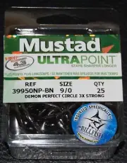 25 Mustad 39951BLN Ultra Point Size 9/0 Circle Hooks 1X Fine Wire Black Nickel