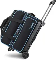 Double Roller 2 Two Bowling Ball Bag with Wheels with Separate Shoe Compartment Size 15 and Oversized Accessory Pocket,2/Two Ball Bowling Bag,Retractable Handle Extends to 40"