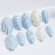 Handmade Press On Nail Medium Long Almond Oval Blue White Pearl Shell Fake Tip 3D Design Art Charms Cute with Storage Box 10 Pcs (#28 L)