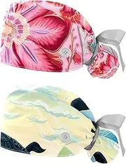 [YTYVAGT] 2-Pc,Nurse Scrub Caps,Scrub Hats with Buttons and Cotton Sweatband,Ethnic Style Retro