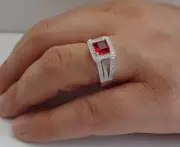 925 STERLING SILVER LADIES RING W/ 2 CT LAB SIMULATE DIAMOND& RUBY /SIZE 5 TO 9