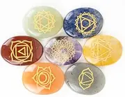 World of Crystals Seven Chakra Gemstone 7 PCS Oval Symbol Engraved Set Healing Gemstone for Reiki Healing Crystal Healing