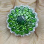SZ 7 LARGE CHROME DIOPSIDE WHITE ZIRCON COCKTAIL RING 925 STERLING CLUSTER ROUND