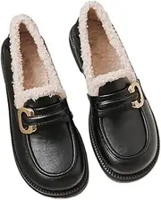 [Generic] Women's Lug Sole Platform Mid Chunky Heel Plush Classic Round Toe Slip On Office Uniform Oxfords Shoes with Metal Chain Shoes