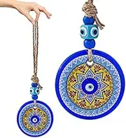 3" Large Glass Blue Evil Eye Mandala Bead Decor Home Office Wall Hanging Ornament Turkish Nazar Protection Charm Pendant