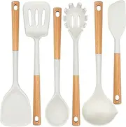 [NCUE] Kitchen Utensils Set, Large Non-stick Silicone cooking utensils set 6 Pcs, Wooden Handle Heat Resistance Silicone Spatula Soup Ladle Pasta Server Kitchen Gadgets Utensils Set BPA Free (White)