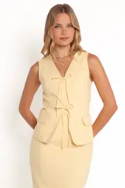 [PUP51] Meara Tie Front Vest Top - Butter Yellow XS Yellow