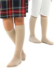 [Hugh Ugoli] Knee High Cotton Socks for Girls Boys and Toddlers, Solid Color Long School Uniform Socks 3-14 Years Old, 4 Pairs, 22-light Beige (4 Pairs - Regular), 12-14 Years